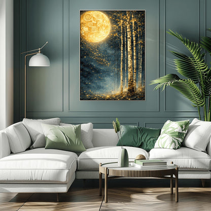 A vertical Art Nouveau illustration in the style of Gustav Klimt. A large, patterned golden moon sits in the upper left corner of a dark, misty teal forest. Slender birch trees stand on the right, while a swirl of golden stardust flows across the center.