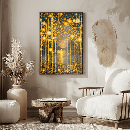 A vertical fine art print in the style of Gustav Klimt. Several slender tree trunks made of sparkling gold leaf stand in the foreground. They are adorned with glowing gold and ivory circular patterns. A calm river in the center reflects a soft, hazy golden sun on the horizon. The background is a soft blue-grey.