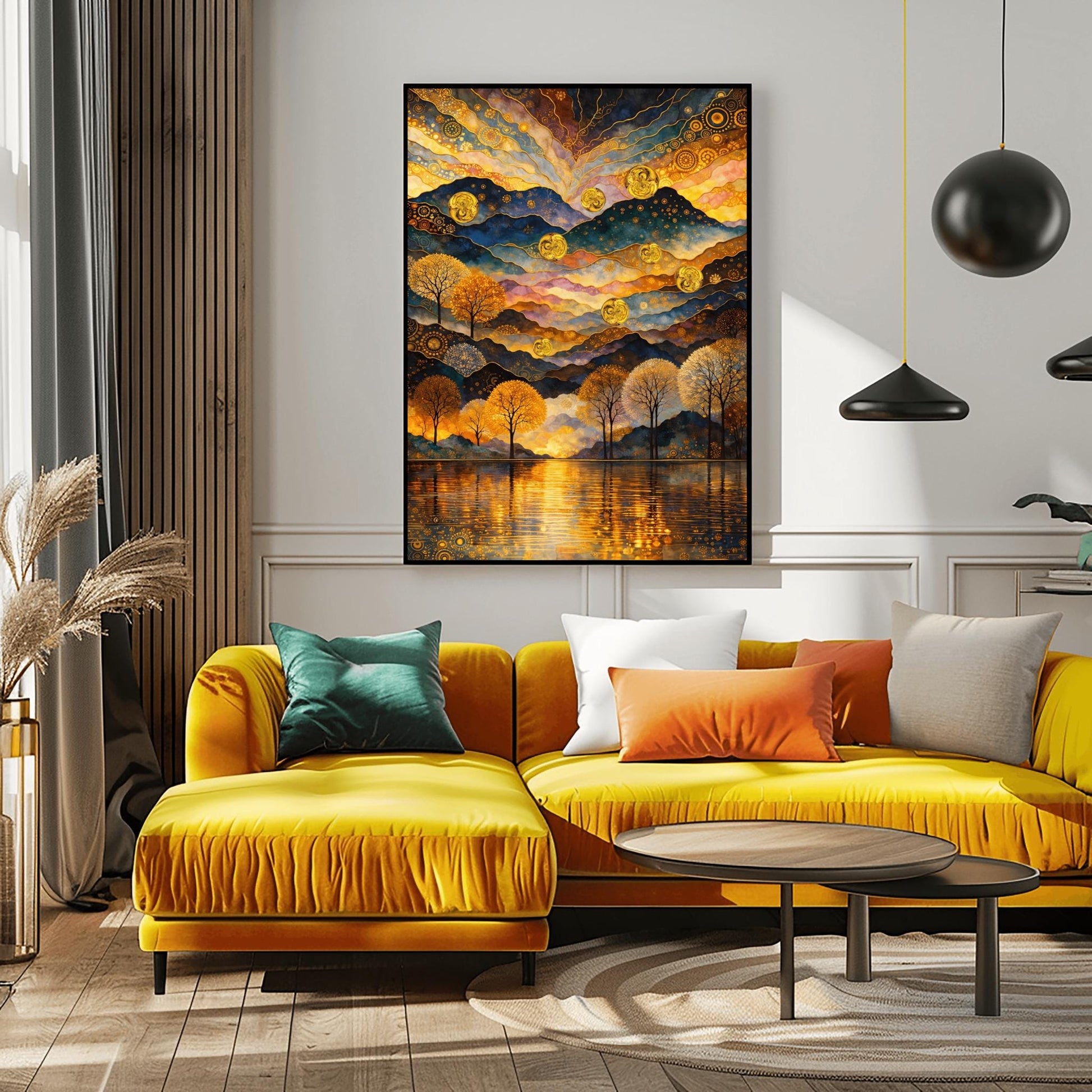 A vertical fine art print in the style of Gustav Klimt. A mountain range is made of rhythmic, undulating layers of blue, purple, and gold with mosaic patterns. Seven large golden spheres float in the air. The sky features swirling golden clouds and stars. In the foreground, a line of golden trees stands before a lake reflecting golden light.