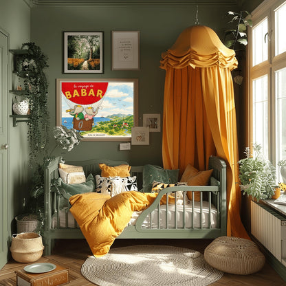 A horizontal watercolor illustration from "Le Voyage de Babar." A large red hot air balloon dominates the top left, with its basket carrying King Babar and Queen Celeste. Babar, in a green suit and crown, looks through a telescope, while Celeste, in a pink dress and crown, waves a white cloth. They are floating over a lush green coastline with a blue ocean, a sailboat, and a small village nestled in a valley with a river and mountains in the distance.
