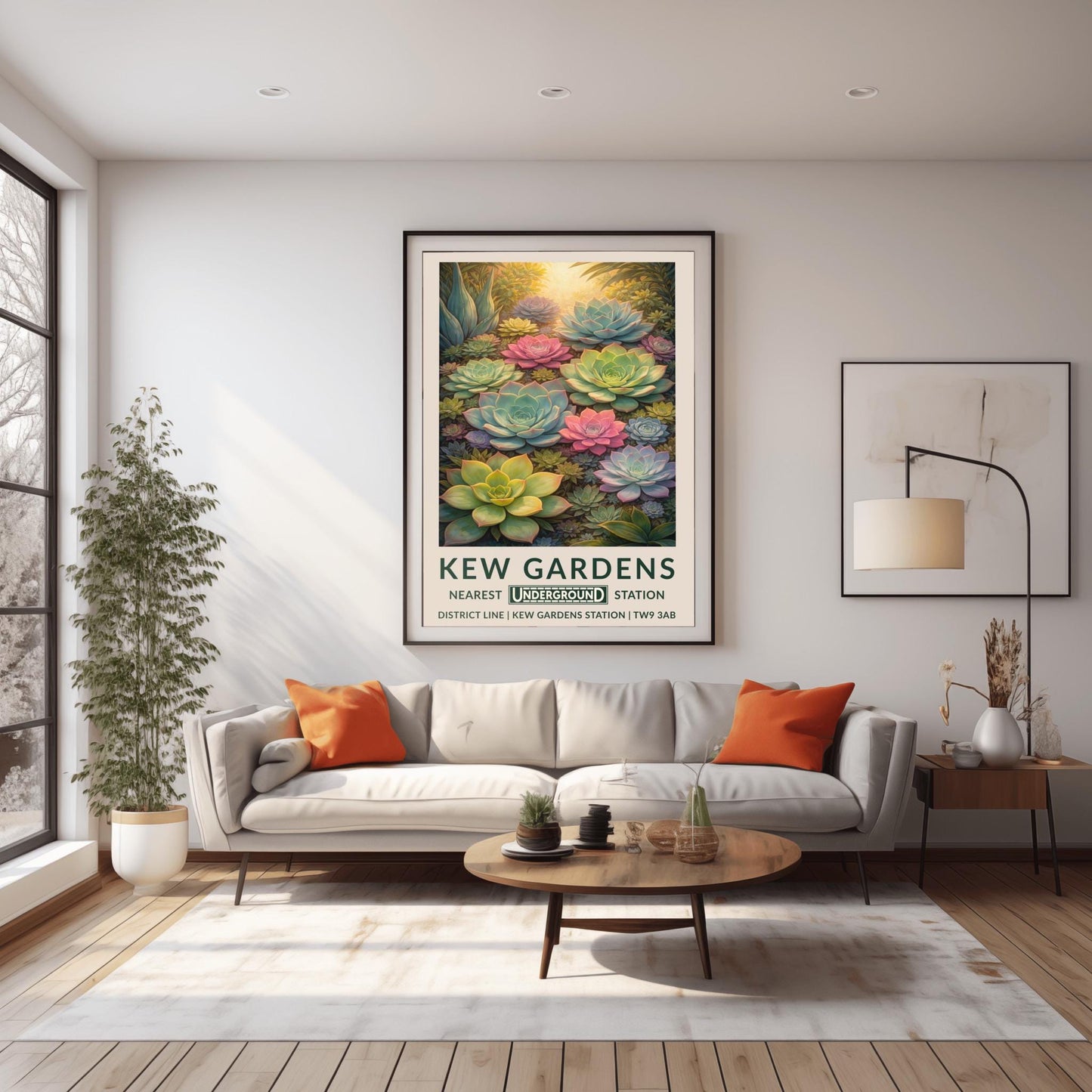 A vertical vintage travel poster for Kew Gardens featuring a dense, top-down view of many succulent plants. The composition is filled with large and small Echeveria rosettes in soft pastel shades of pink, light green, and pale blue. Warm sunlight glows from the top of the frame, highlighting the edges of the thick, fleshy leaves. The bottom features a cream border with bold green text: "KEW GARDENS" and "NEAREST UNDERGROUND STATION" with District Line details.