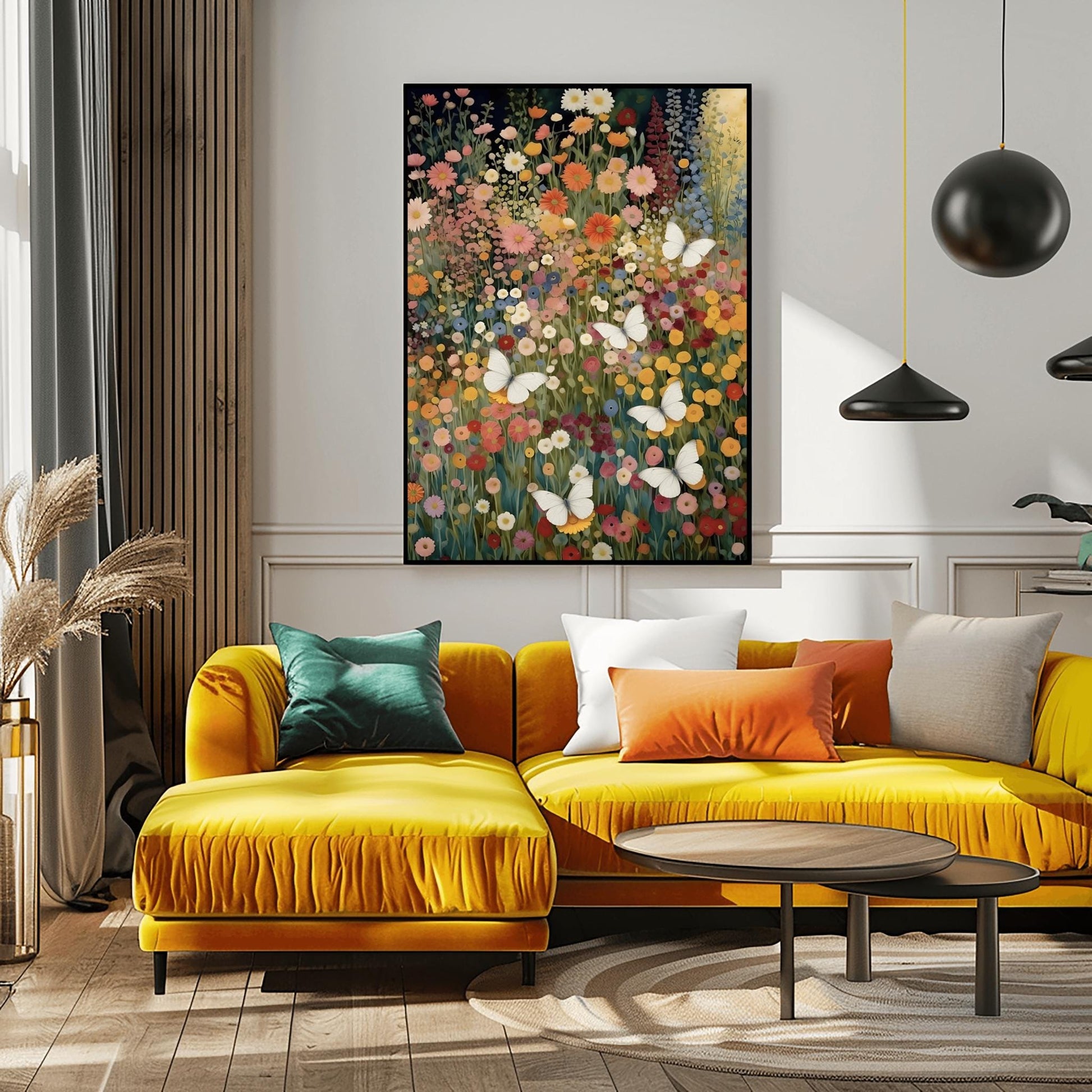 A vertical fine art painting in the style of Gustav Klimt. A dense field of colorful wildflowers in shades of orange, pink, yellow, and red fills the frame. Several large, delicate white butterflies are scattered throughout the meadow, appearing to fly toward a soft golden light in the upper right corner. The style is highly textured with decorative mosaic patterns.