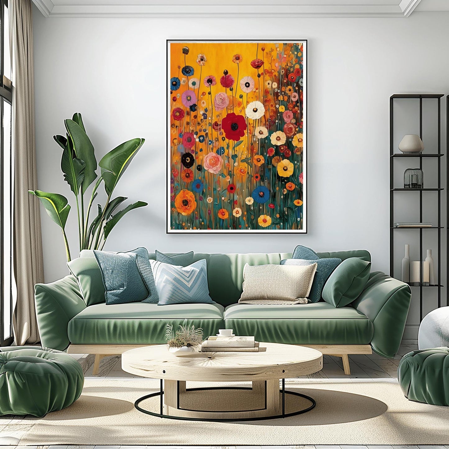 A vertical fine art print in the style of Gustav Klimt featuring a dense field of wildflowers. Red, blue, pink, and yellow flowers on long, thin green stalks grow against a solid amber-gold background. The painting features small ornamental dots and mosaic details throughout the meadow.