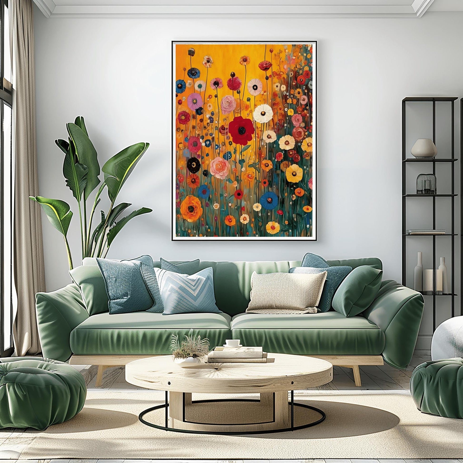 A vertical fine art print in the style of Gustav Klimt featuring a dense field of wildflowers. Red, blue, pink, and yellow flowers on long, thin green stalks grow against a solid amber-gold background. The painting features small ornamental dots and mosaic details throughout the meadow.