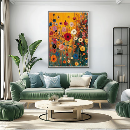A vertical fine art print in the style of Gustav Klimt featuring a dense field of wildflowers. Red, blue, pink, and yellow flowers on long, thin green stalks grow against a solid amber-gold background. The painting features small ornamental dots and mosaic details throughout the meadow.