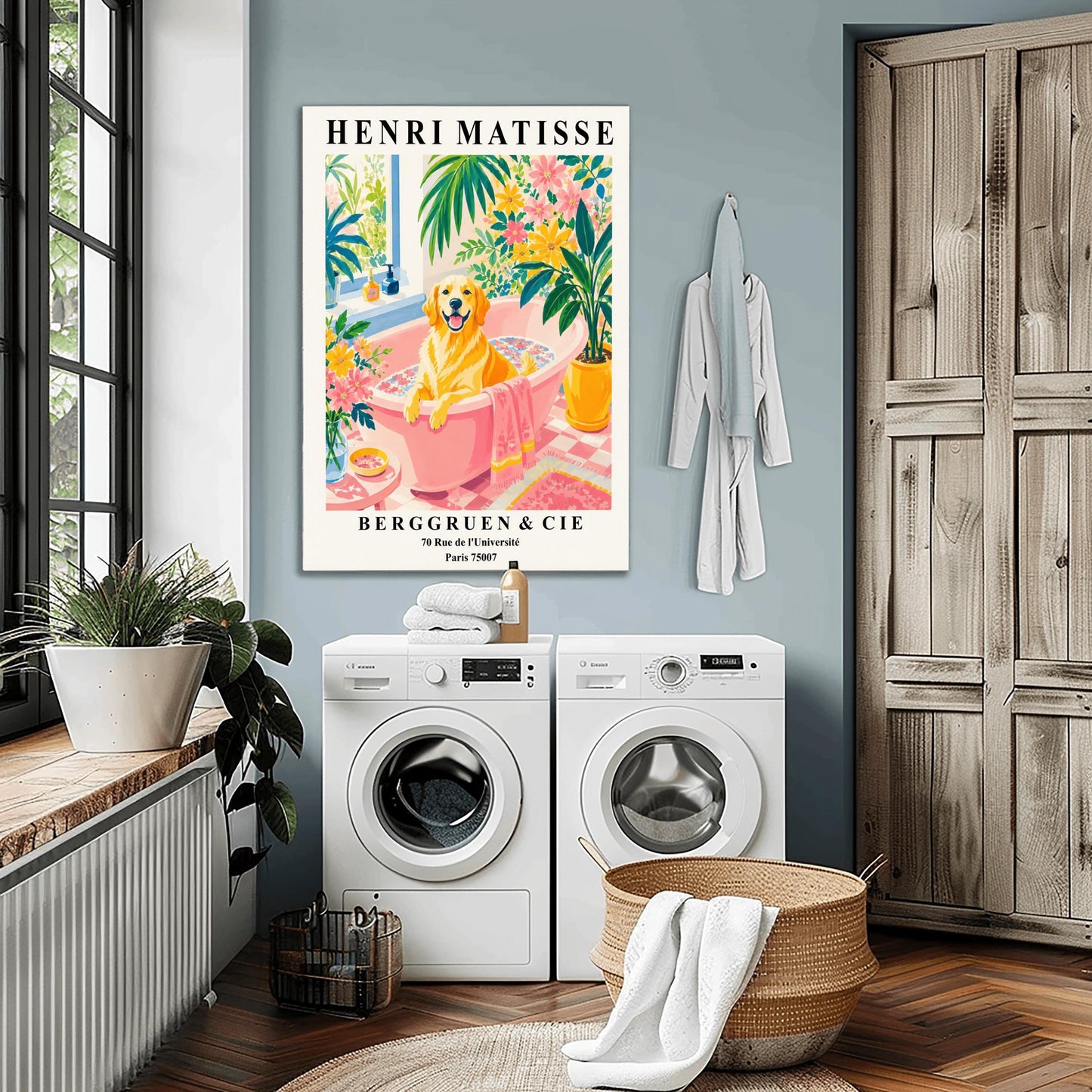 A vertical minimalist fine art exhibition poster in the style of Henri Matisse, bordered by a wide white frame margin. In the center, a simple black line drawing outlines the head and happy expression of a Golden Retriever dog. The composition is accented by vibrant, flat paper-cut abstract shapes, including a royal blue coral leaf on the left, a terracotta red shape on the right, and a mustard yellow block at the base against a clean white background.