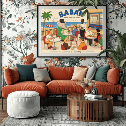 A bright 1950s-style illustration poster titled "BABAR mange dans un diner" in bold blue and black script. The scene shows an outdoor diner balcony overlooking a sandy beach and blue ocean with a sailboat. On the left, the cartoon elephant King Babar sits at a round white table in a green suit and top hat, reading a menu. Several other patrons are seated at tables on red chairs eating burgers and ice cream sundaes, while a waiter in a bowtie takes notes.