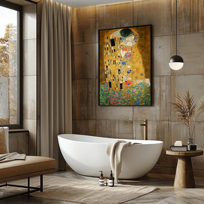 A vertical fine art print of "The Kiss" by Gustav Klimt. Two lovers are shown in an intimate embrace, their bodies covered in elaborate, decorative gold robes. The man's robe features black and white geometric shapes, while the woman's features colorful floral circles. They kneel on a lush bed of colorful wildflowers against a dark, shimmering gold background. The style is rich in mosaic-like patterns and Art Nouveau ornamentation.