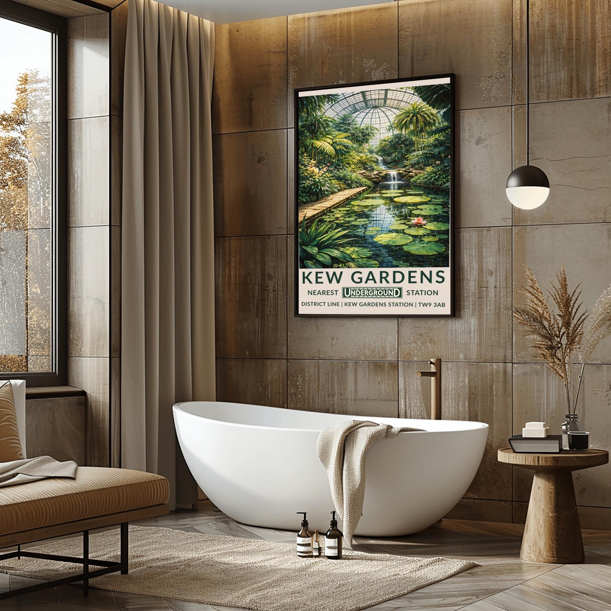 A vertical vintage-style travel poster for Kew Gardens. The artwork depicts the interior of a massive glass conservatory filled with dense tropical plants and tall palm trees. In the foreground, a calm pond features large green lily pads and pink flowers. A stone walkway runs alongside the pond leading toward a multi-tiered waterfall in the center. The scene is topped by a large, grid-patterned glass dome.