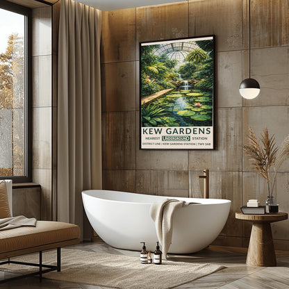 A vertical vintage-style travel poster for Kew Gardens. The artwork depicts the interior of a massive glass conservatory filled with dense tropical plants and tall palm trees. In the foreground, a calm pond features large green lily pads and pink flowers. A stone walkway runs alongside the pond leading toward a multi-tiered waterfall in the center. The scene is topped by a large, grid-patterned glass dome.