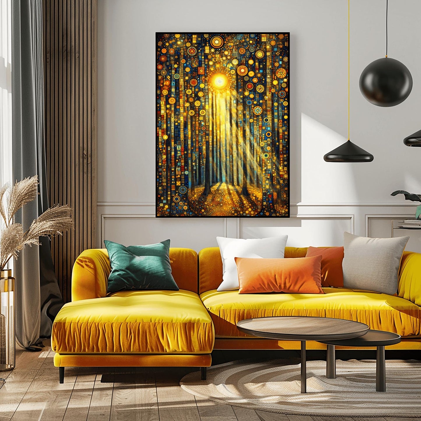 A vertical fine art print in the style of Gustav Klimt. Tall, dark tree trunks stand in a forest where the ground and sky are filled with dense gold and blue mosaic circles. A bright sun in the upper center casts long, golden pillars of light down through the trees, illuminating the patterned forest floor.