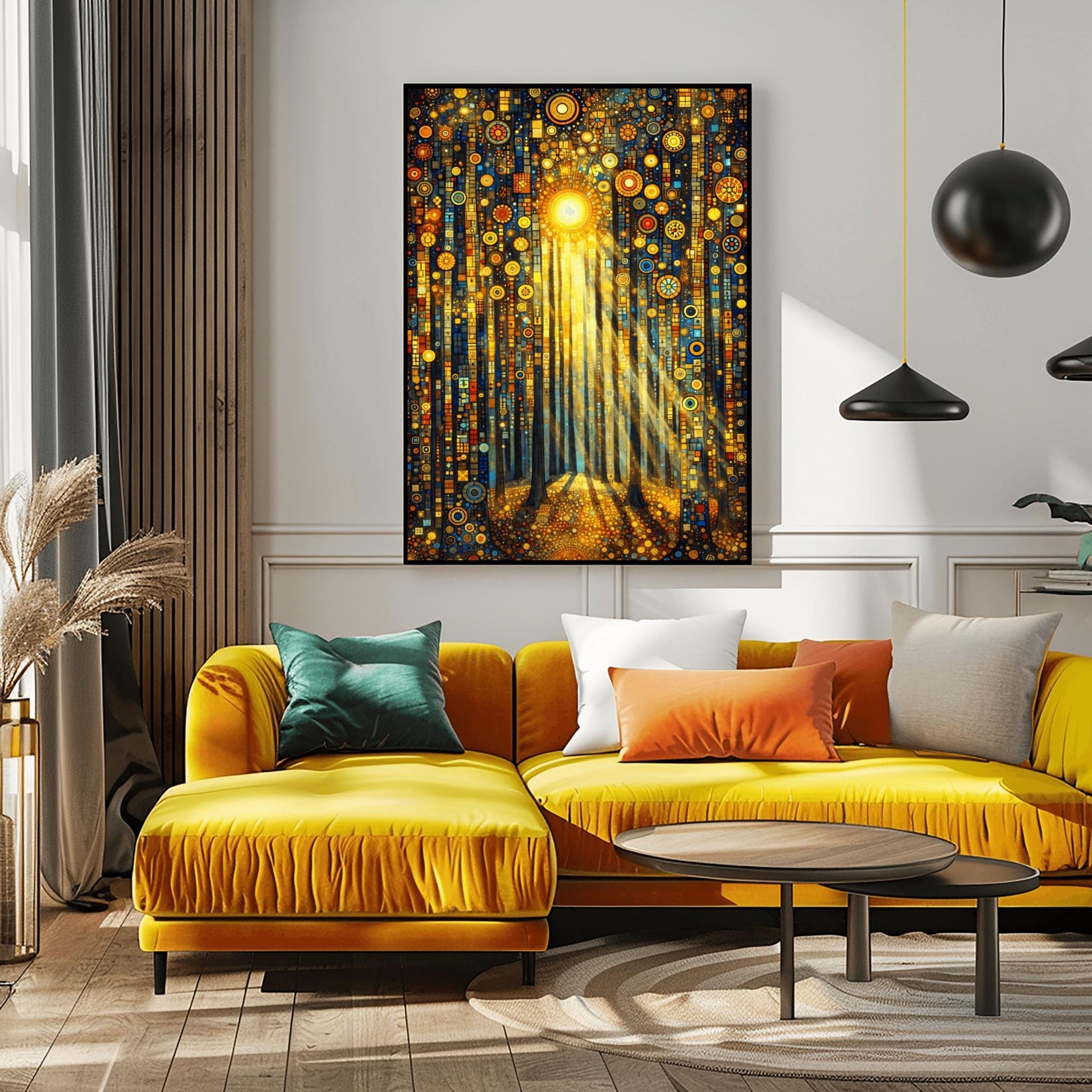 A vertical fine art print in the style of Gustav Klimt. Tall, dark tree trunks stand in a forest where the ground and sky are filled with dense gold and blue mosaic circles. A bright sun in the upper center casts long, golden pillars of light down through the trees, illuminating the patterned forest floor.