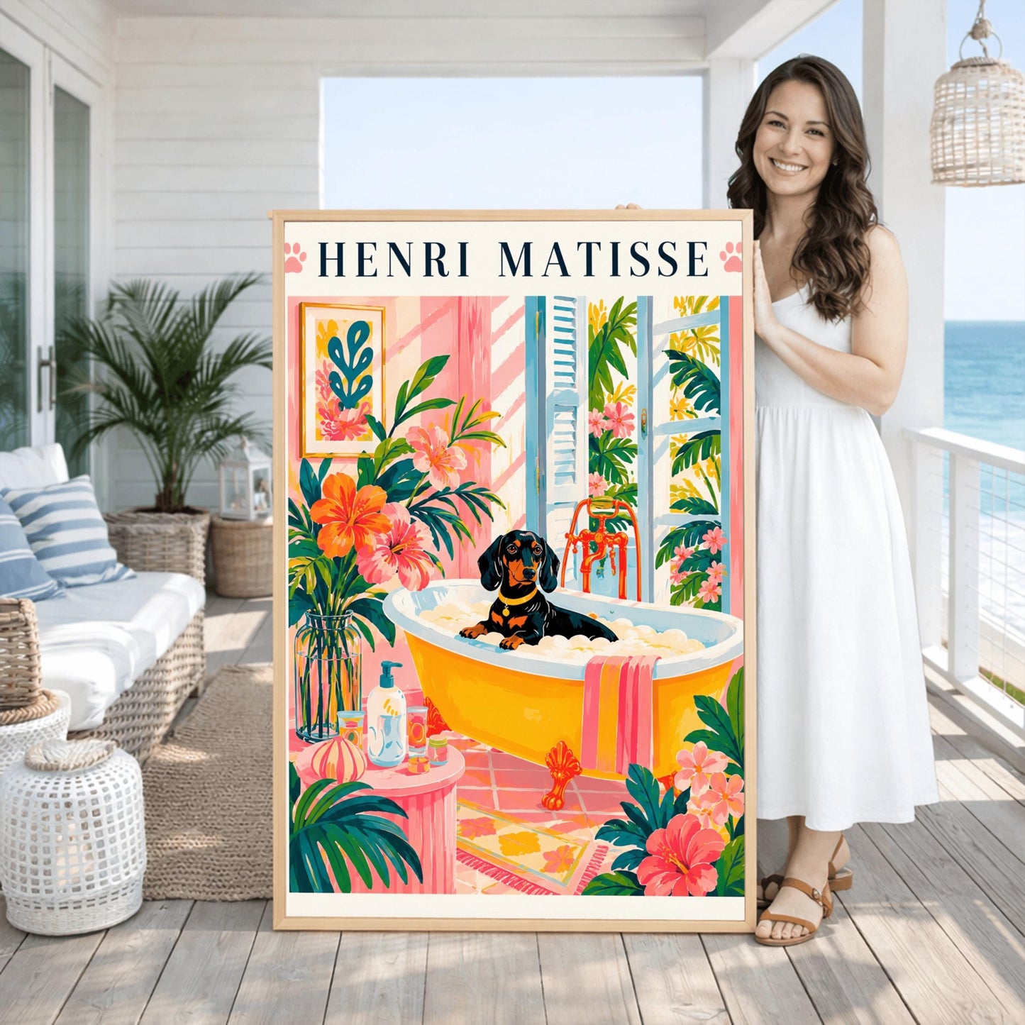 A vertical minimalist fine art exhibition poster in the style of Henri Matisse, bordered by a wide white frame margin. In the center, a simple black line drawing illustrates a Dachshund sitting inside a vintage white clawfoot bathtub. The composition is flanked by large, flat abstract paper-cut shapes, including an organic royal blue botanical frond on the left and a terracotta red coral cutout on the right against a solid white background.