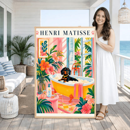A vertical minimalist fine art exhibition poster in the style of Henri Matisse, bordered by a wide white frame margin. In the center, a simple black line drawing illustrates a Dachshund sitting inside a vintage white clawfoot bathtub. The composition is flanked by large, flat abstract paper-cut shapes, including an organic royal blue botanical frond on the left and a terracotta red coral cutout on the right against a solid white background.