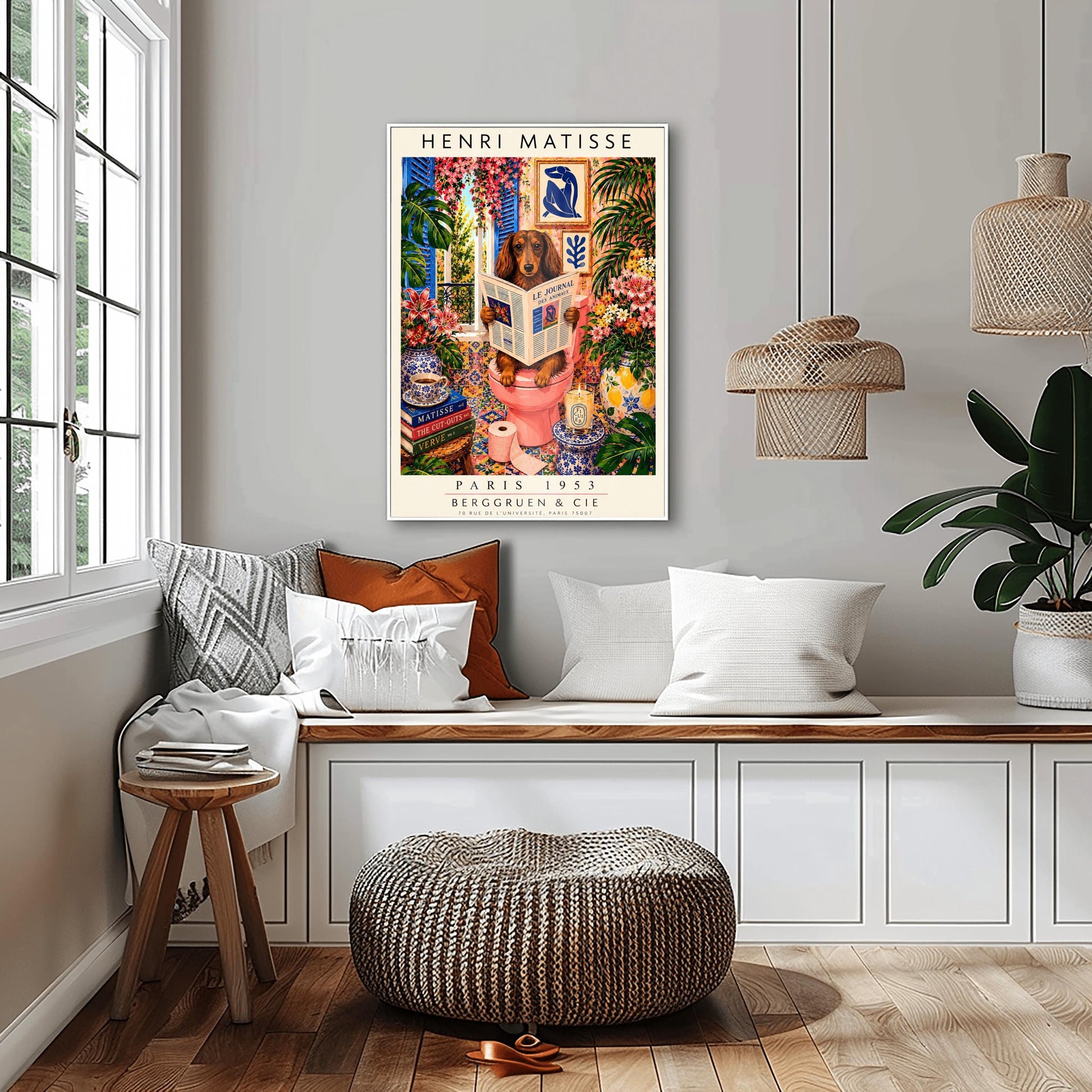 A vertical vintage-style art exhibition poster titled "HENRI MATISSE" at the top and "PARIS 1953 BERGGRUEN & CIE" at the bottom. The main image features a long-haired brown Dachshund dog sitting on a pink toilet inside an incredibly ornate bathroom, reading a newspaper titled "LE JOURNAL DES ANIMAUX". The background is a dense, colorful display of patterned wall tiles, framed Matisse paper cutouts, large green tropical houseplants, and vases full of pink lilies and flowers.
