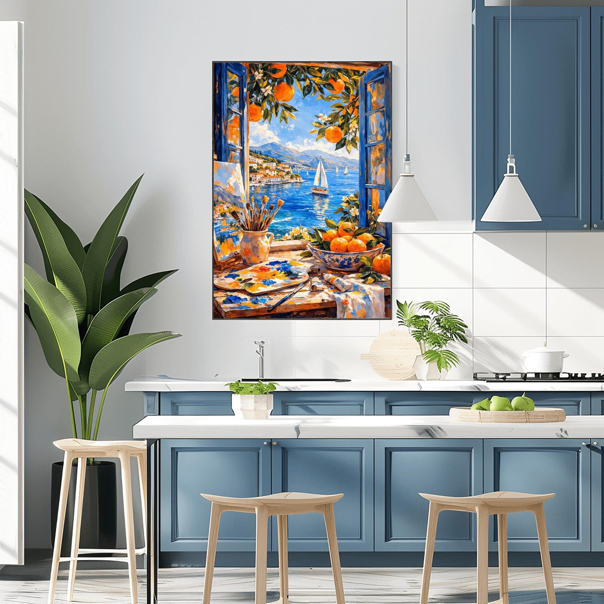 A vertical painterly illustration of an artist's studio window. In the foreground, a table holds a paint palette, brushes in a jar, and a bowl of oranges. Outside the open blue shutters, a sailboat drifts on a blue sea next to a coastal town and mountains.