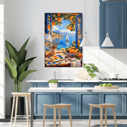 A vertical painterly illustration of an artist's studio window. In the foreground, a table holds a paint palette, brushes in a jar, and a bowl of oranges. Outside the open blue shutters, a sailboat drifts on a blue sea next to a coastal town and mountains.