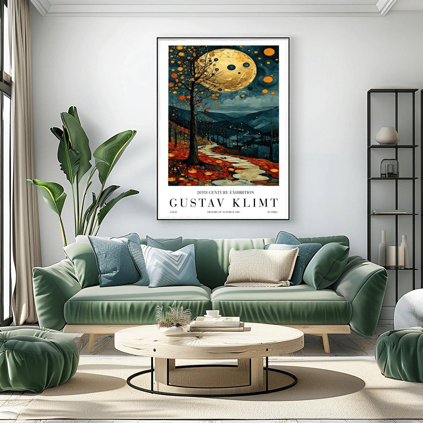 A vertical fine art painting in the style of Gustav Klimt. A massive, textured golden moon hangs in a dark, starlit sky above rolling teal mountains. A white, winding stone path leads through a foreground of orange and red autumn leaves. On the left, a slender tree is decorated with golden mosaic orbs. The overall style is rich in texture and golden ornamentation.