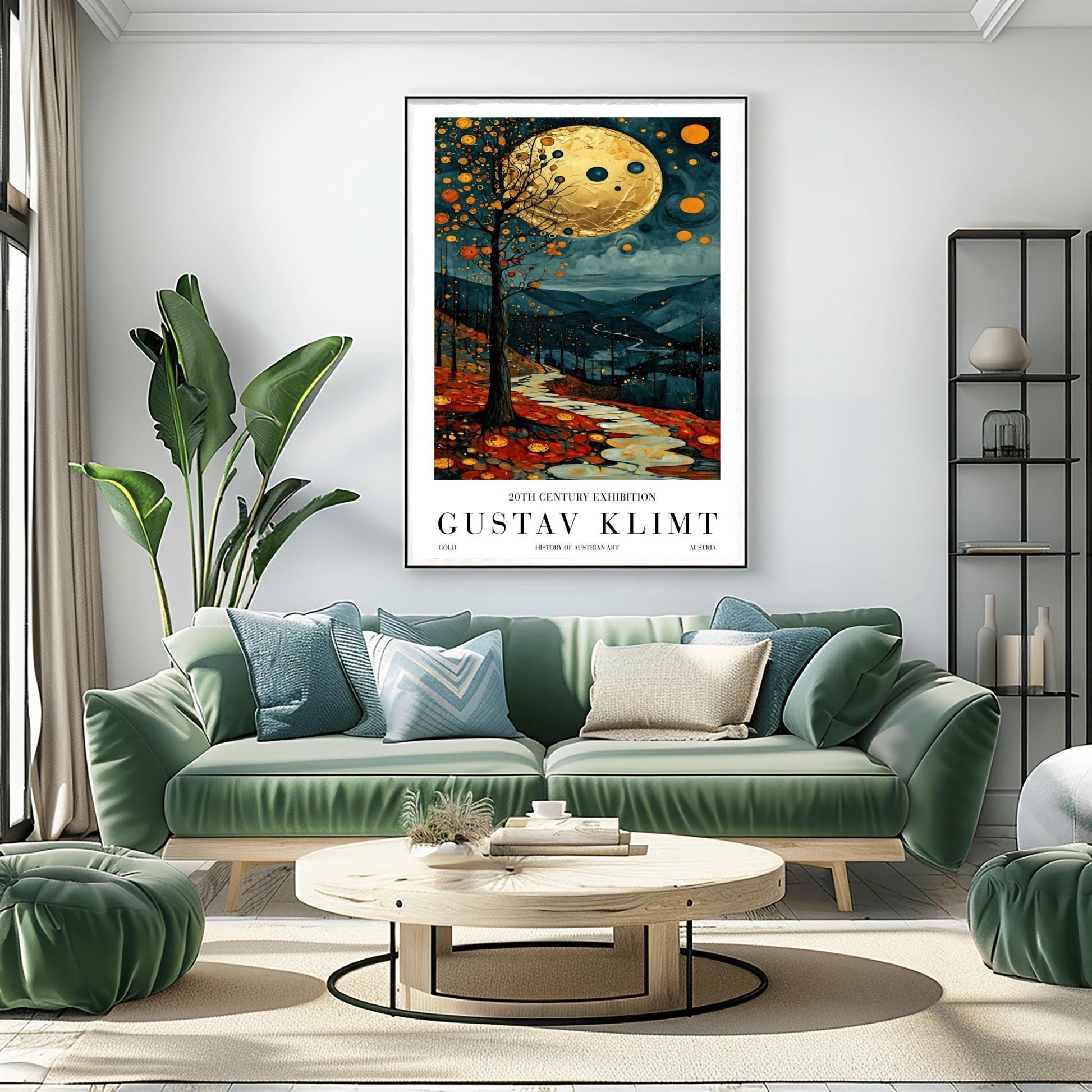 A vertical fine art painting in the style of Gustav Klimt. A massive, textured golden moon hangs in a dark, starlit sky above rolling teal mountains. A white, winding stone path leads through a foreground of orange and red autumn leaves. On the left, a slender tree is decorated with golden mosaic orbs. The overall style is rich in texture and golden ornamentation.
