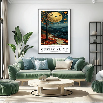 A vertical fine art painting in the style of Gustav Klimt. A massive, textured golden moon hangs in a dark, starlit sky above rolling teal mountains. A white, winding stone path leads through a foreground of orange and red autumn leaves. On the left, a slender tree is decorated with golden mosaic orbs. The overall style is rich in texture and golden ornamentation.
