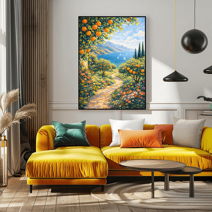 A vertical painterly illustration of a sun-dappled stone path winding through a garden of orange trees and colorful wildflowers. The path leads toward a blue sea with sailboats and distant mountains under a blue sky.