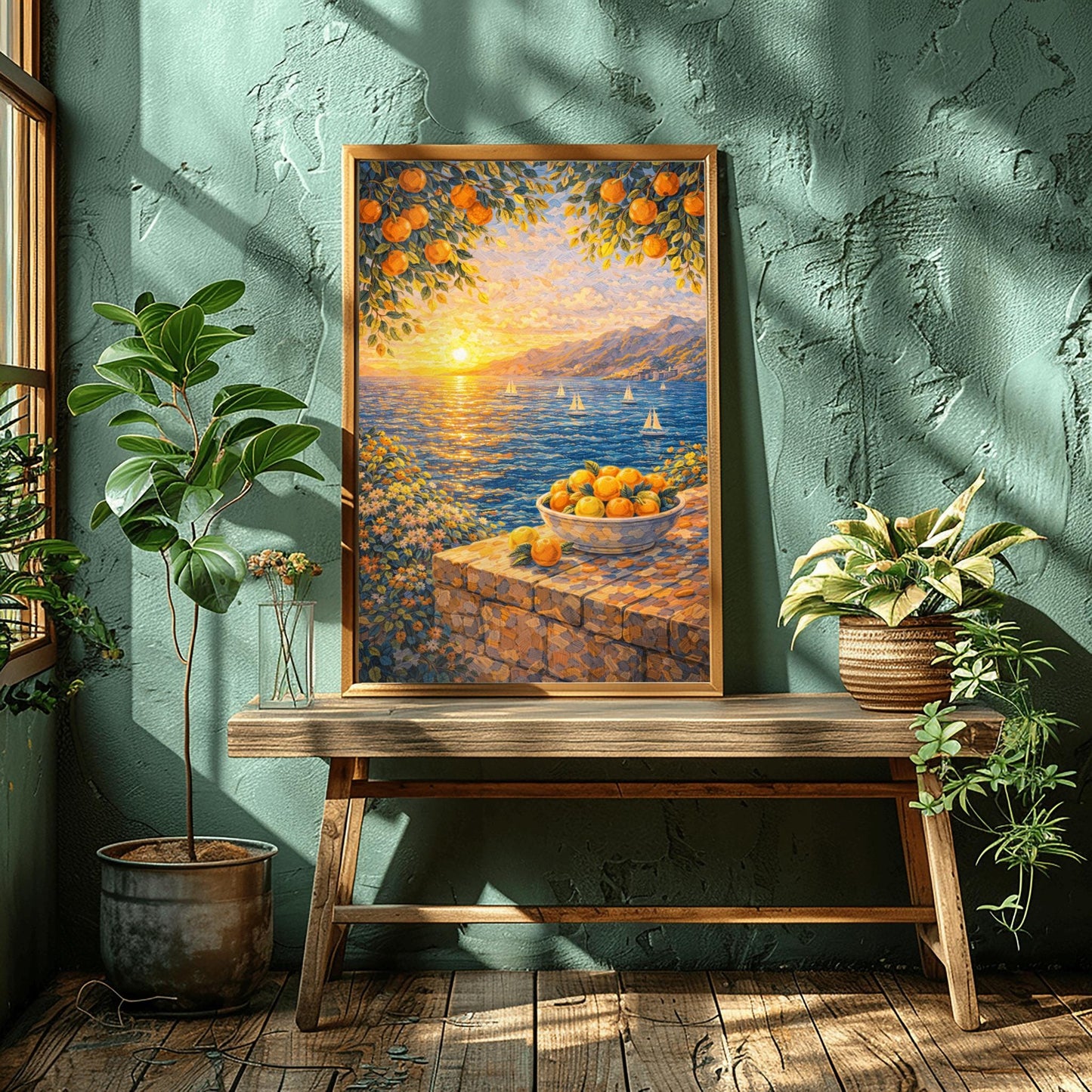 A vertical painterly illustration of a Mediterranean sunset. A low sun shines over a blue sea with sailboats, casting a golden reflection. In the foreground, a bowl of oranges sits on a stone wall. Orange tree branches frame the top of the scene.