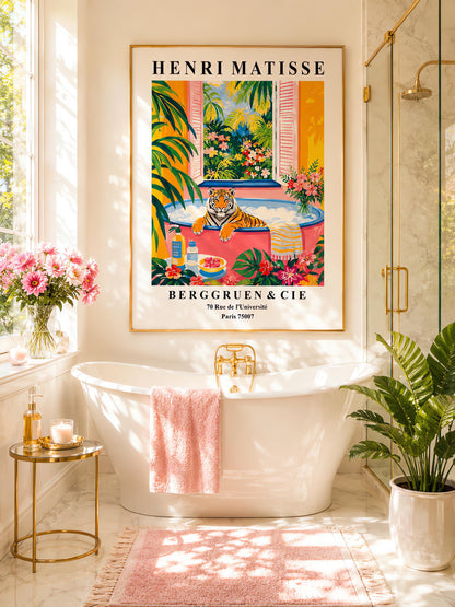 A vertical minimalist fine art exhibition poster in the style of Henri Matisse, featuring a wide white border layout. In the center, a simple black line drawing illustrates a tiger in a crouching, stalking pose. The illustration is set against a vibrant mustard yellow background block, framed by flat paper-cut abstract shapes including a royal blue coral leaf on the left and a terracotta red shape on the right against a solid white backdrop.