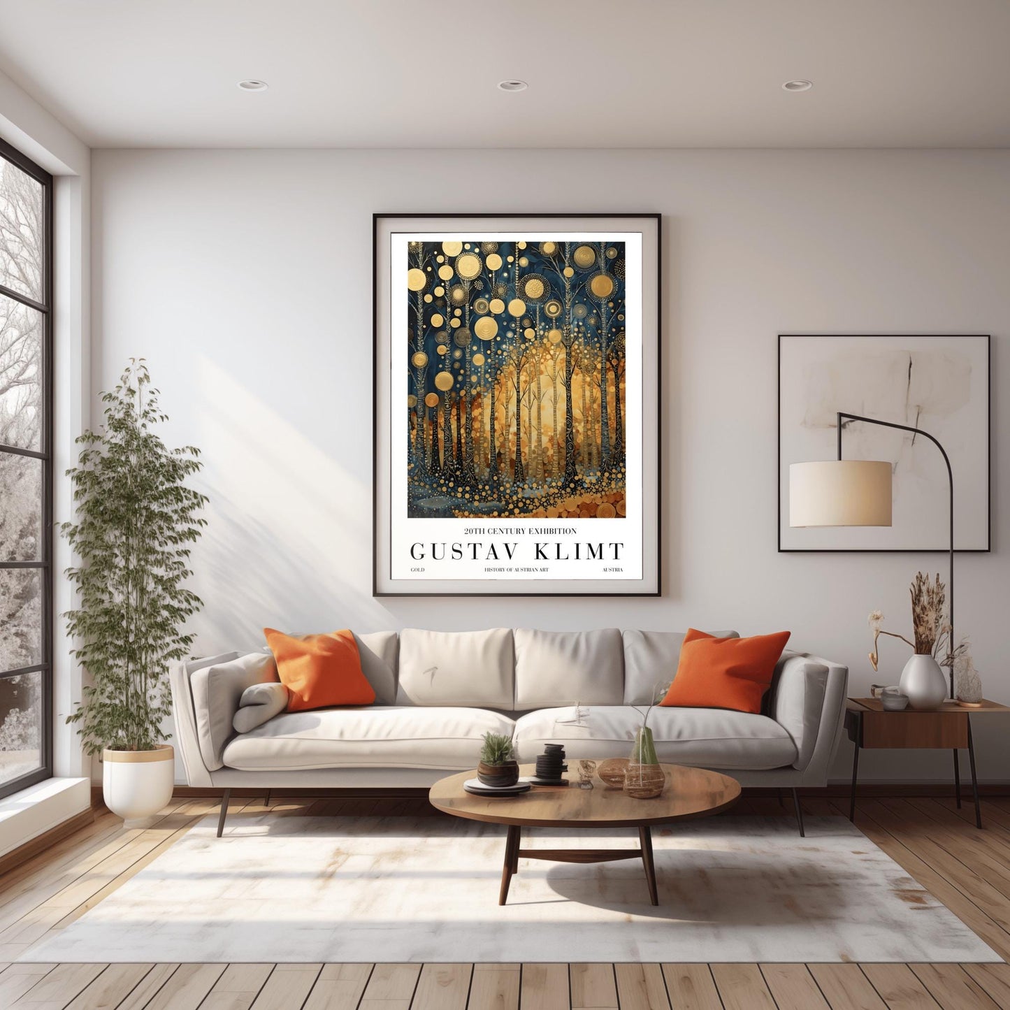 A vertical exhibition-style poster for a Gustav Klimt exhibit. The artwork features tall, slender trees with black bark covered in intricate gold scrolls and geometric patterns. Large, textured golden orbs float in the upper canopy. A warm, glowing light radiates from the center of the forest. The bottom margin features bold text reading "GUSTAV KLIMT" and "20TH CENTURY EXHIBITION."