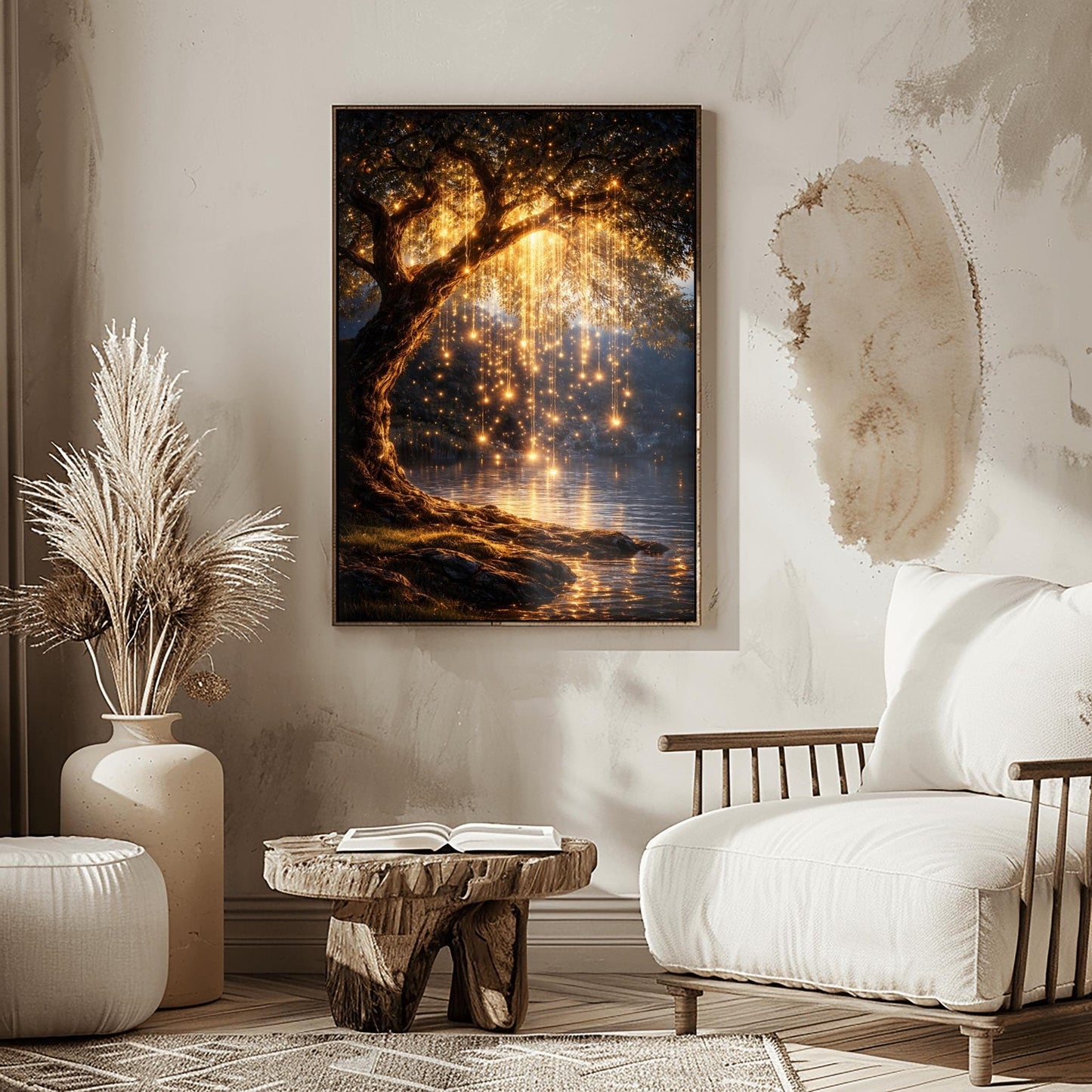 A vertical full-bleed illustration of a weeping willow tree at night in the style of Gustav Klimt. The branches hang down like strings of golden lights over a dark lake. The water reflects the golden glow, and the tree stands on a mossy bank against a dark forest background.