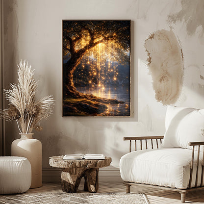 A vertical full-bleed illustration of a weeping willow tree at night in the style of Gustav Klimt. The branches hang down like strings of golden lights over a dark lake. The water reflects the golden glow, and the tree stands on a mossy bank against a dark forest background.