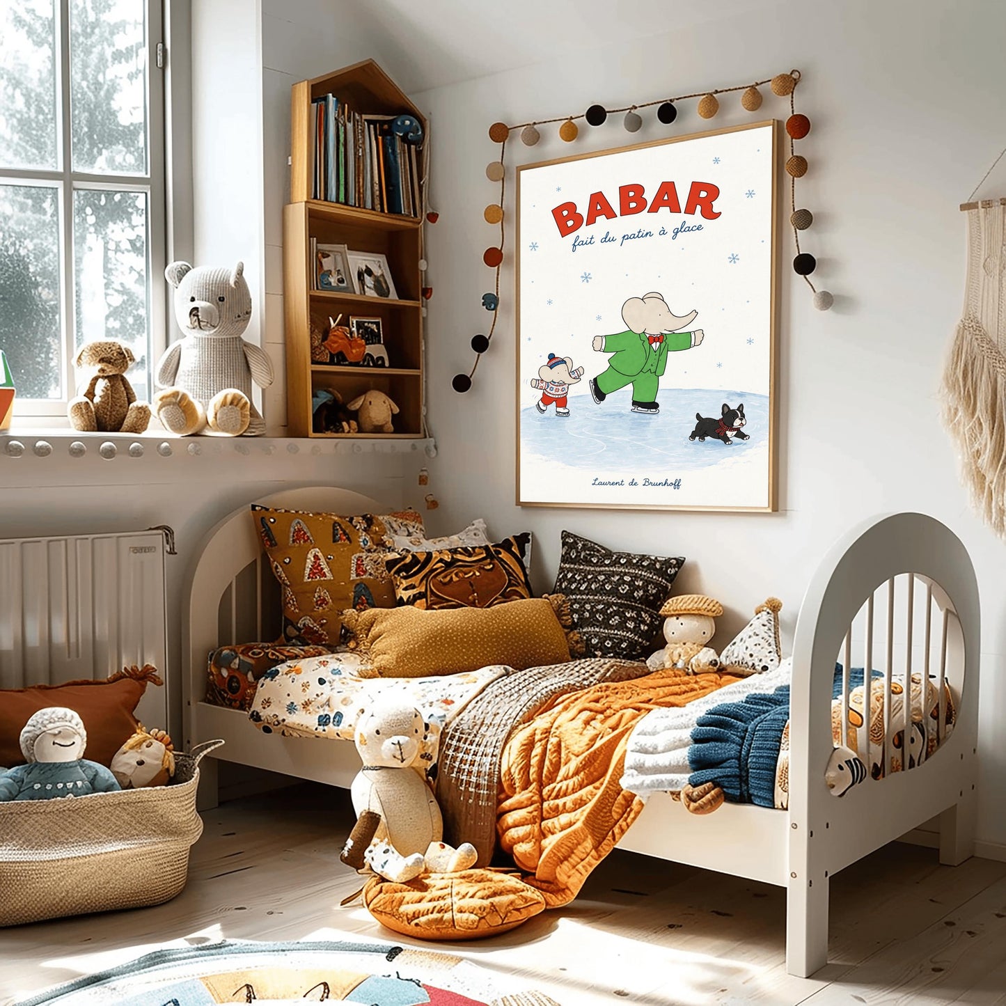 A vertical retro fine art exhibition poster titled "BABAR fait du patin à glace" on a wide cream border. The top "BABAR" text is printed in a bold red font. The illustration shows an elephant in a green suit and red bowtie ice skating on one leg next to a smaller elephant in a fair isle sweater and red pants. A small black dog in a plaid scarf slides on the ice below, and the name "Laurent de Brunhoff" anchors the bottom.