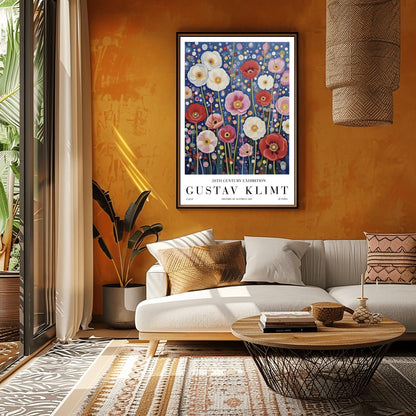 A vertical exhibition-style poster featuring a field of poppies in the style of Gustav Klimt. Large white, red, and pink flowers bloom on slender green stems against a dark navy background filled with shimmering gold and cream mosaic dots. The bottom margin features elegant typography reading "GUSTAV KLIMT" and "20TH CENTURY EXHIBITION."