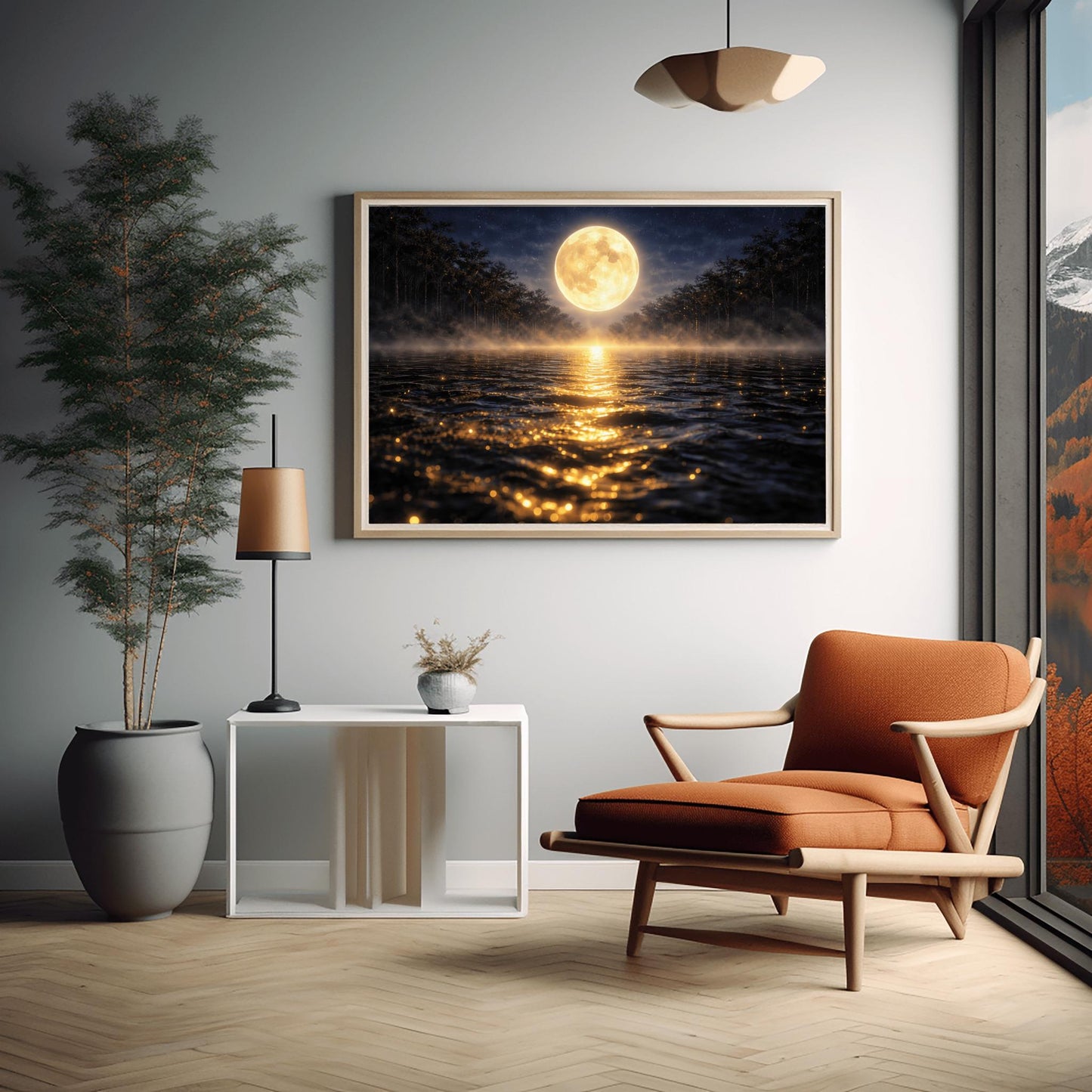 A horizontal landscape art print in the style of Gustav Klimt. A large, luminous golden moon hangs in a dark, starlit sky over a calm lake. A brilliant trail of golden light reflects across the dark water toward the viewer. Low-lying mist rolls across the lake's surface, and silhouetted dark trees line the distant shore. The overall color palette is a striking contrast of deep midnight blue and radiant metallic gold.