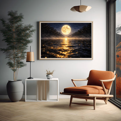 A horizontal landscape art print in the style of Gustav Klimt. A large, luminous golden moon hangs in a dark, starlit sky over a calm lake. A brilliant trail of golden light reflects across the dark water toward the viewer. Low-lying mist rolls across the lake's surface, and silhouetted dark trees line the distant shore. The overall color palette is a striking contrast of deep midnight blue and radiant metallic gold.