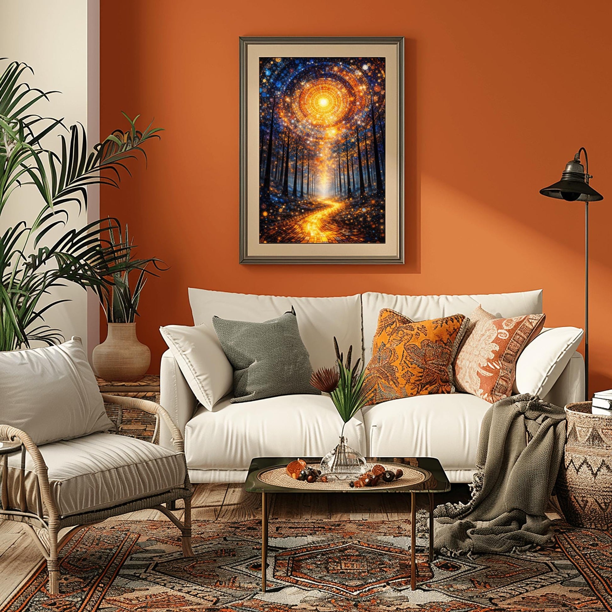 A vertical, highly detailed Art Nouveau illustration featuring a winding golden mosaic path leading through a dark forest toward a bright light. Above, a massive circular portal in the sky is made of intricate mosaic tiles in gold and blue. The scene is filled with shimmering golden stardust.