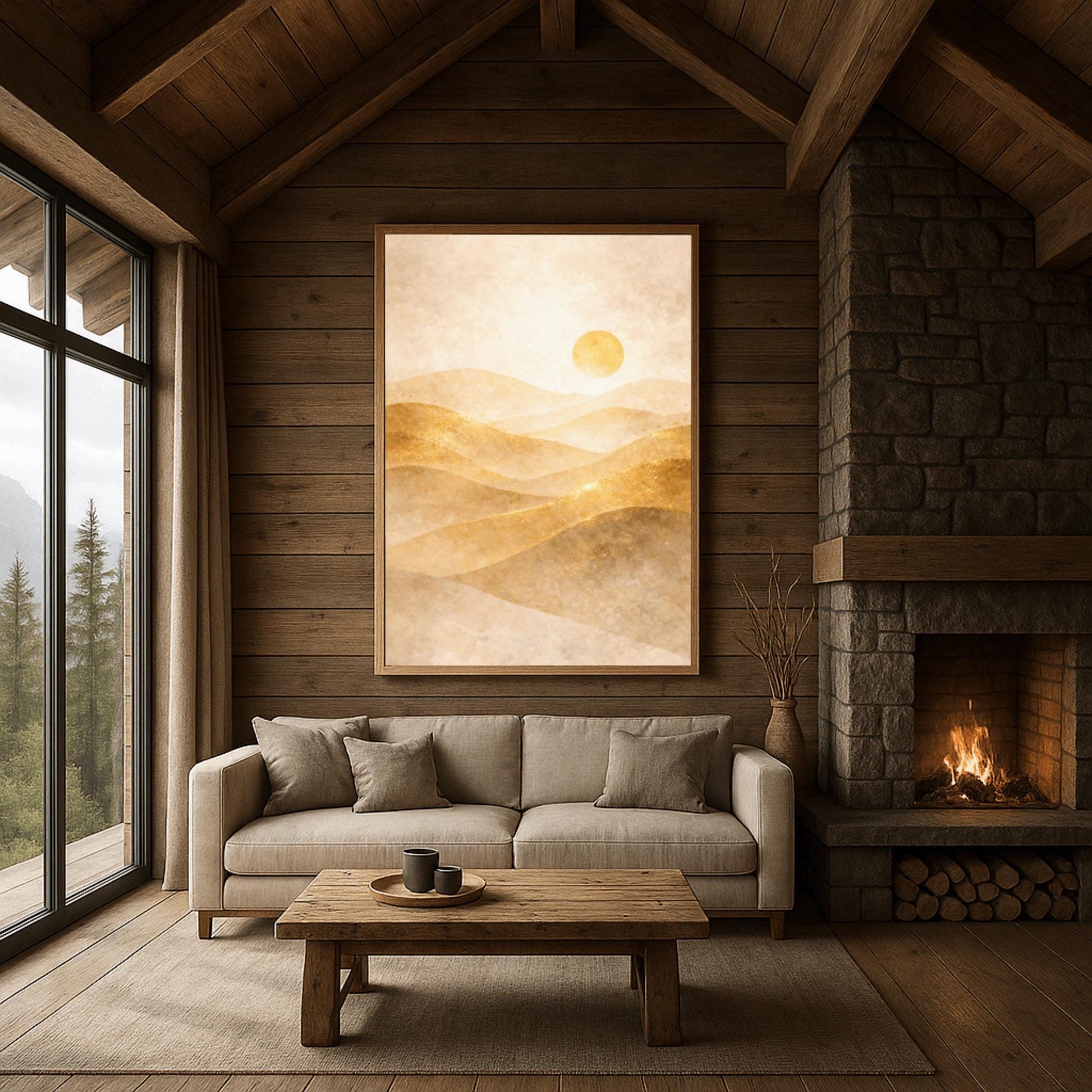 A vertical minimalist landscape in Art Nouveau style. Rolling desert dunes in shades of beige and tan are highlighted with shimmering golden dust on their ridges. A circular golden sun hangs in a hazy, textured cream sky.