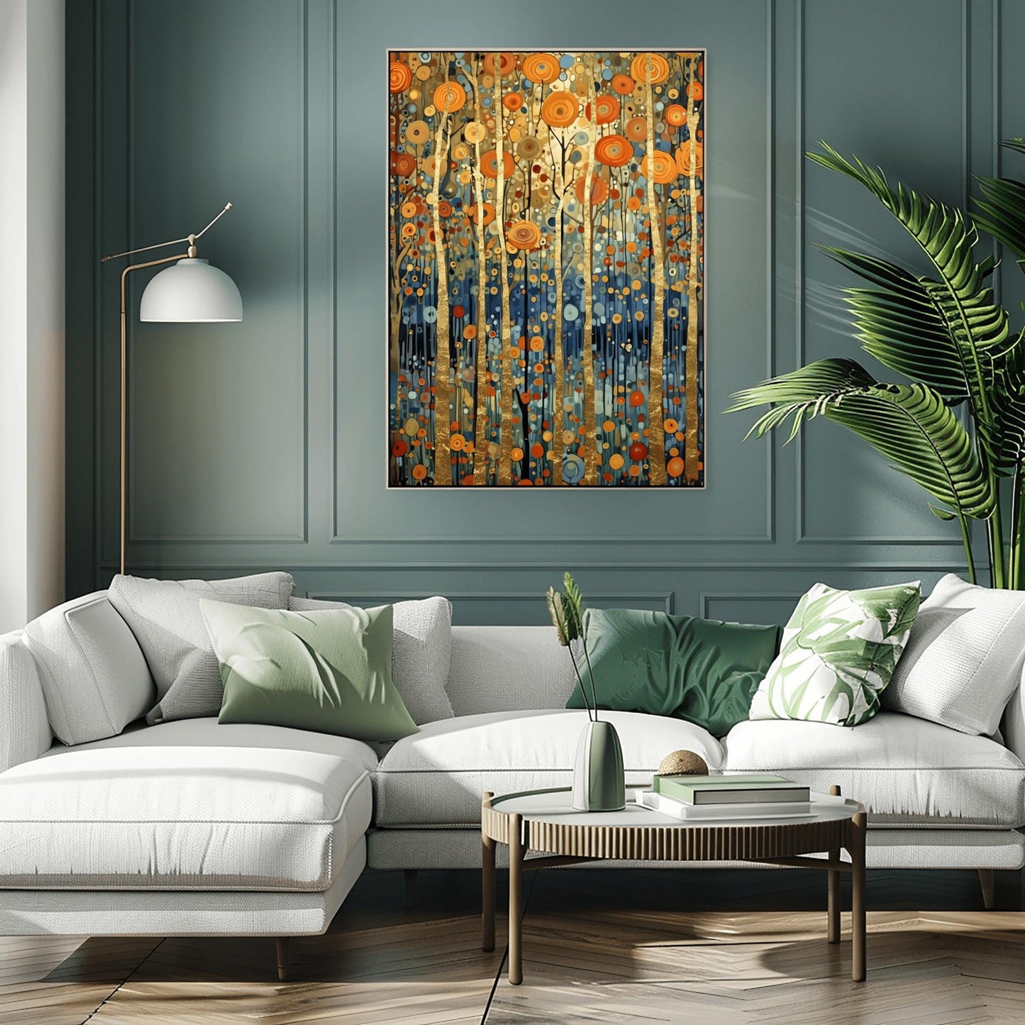 A vertical fine art print in the style of Gustav Klimt. Several slender tree trunks made of solid gold leaf stand vertically against a background of floating, concentric circular patterns in orange, gold, and blue. The bottom of the forest is a deep indigo blue filled with small mosaic dots.