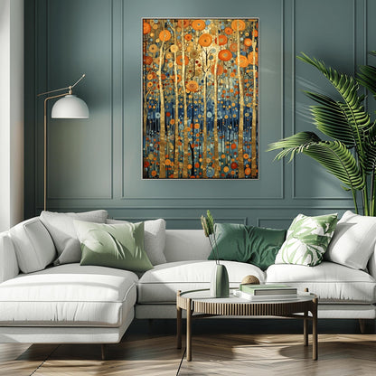A vertical fine art print in the style of Gustav Klimt. Several slender tree trunks made of solid gold leaf stand vertically against a background of floating, concentric circular patterns in orange, gold, and blue. The bottom of the forest is a deep indigo blue filled with small mosaic dots.