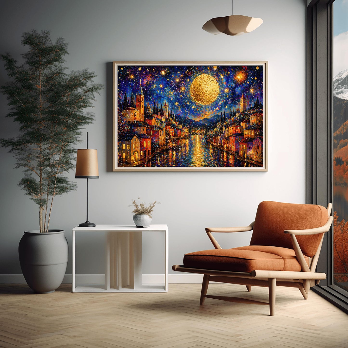 A horizontal art print in a decorative mosaic style inspired by Gustav Klimt. A coastal town with warm-lit houses and tall church towers lines both sides of a dark blue canal. A massive, glowing golden moon hangs in a deep indigo sky filled with swirling stars and shimmering golden circles. The lights of the town and the moon reflect brilliantly on the rippling water. The entire scene is composed of intricate, sparkling patterns and vibrant jewel-toned colors.