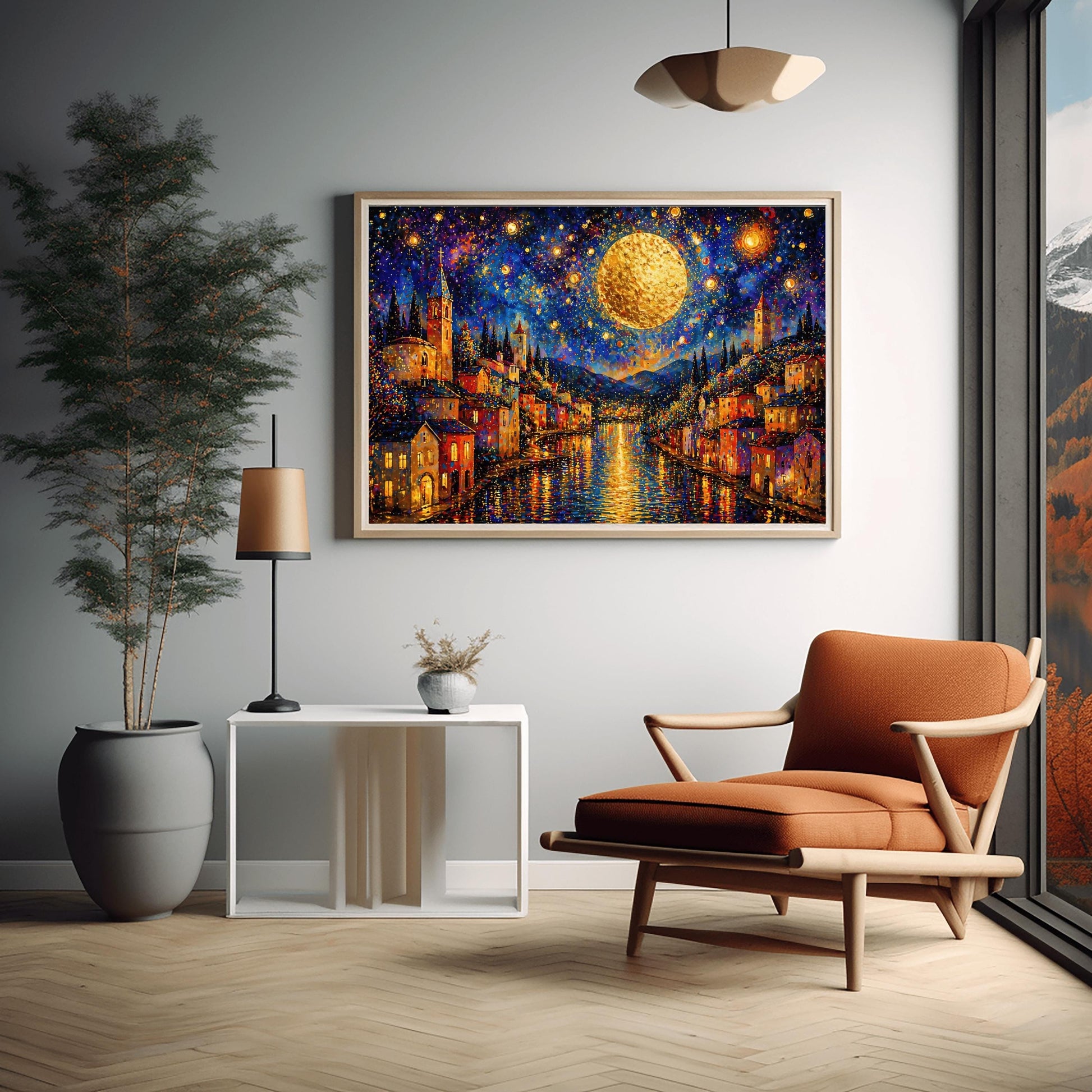 A horizontal art print in a decorative mosaic style inspired by Gustav Klimt. A coastal town with warm-lit houses and tall church towers lines both sides of a dark blue canal. A massive, glowing golden moon hangs in a deep indigo sky filled with swirling stars and shimmering golden circles. The lights of the town and the moon reflect brilliantly on the rippling water. The entire scene is composed of intricate, sparkling patterns and vibrant jewel-toned colors.