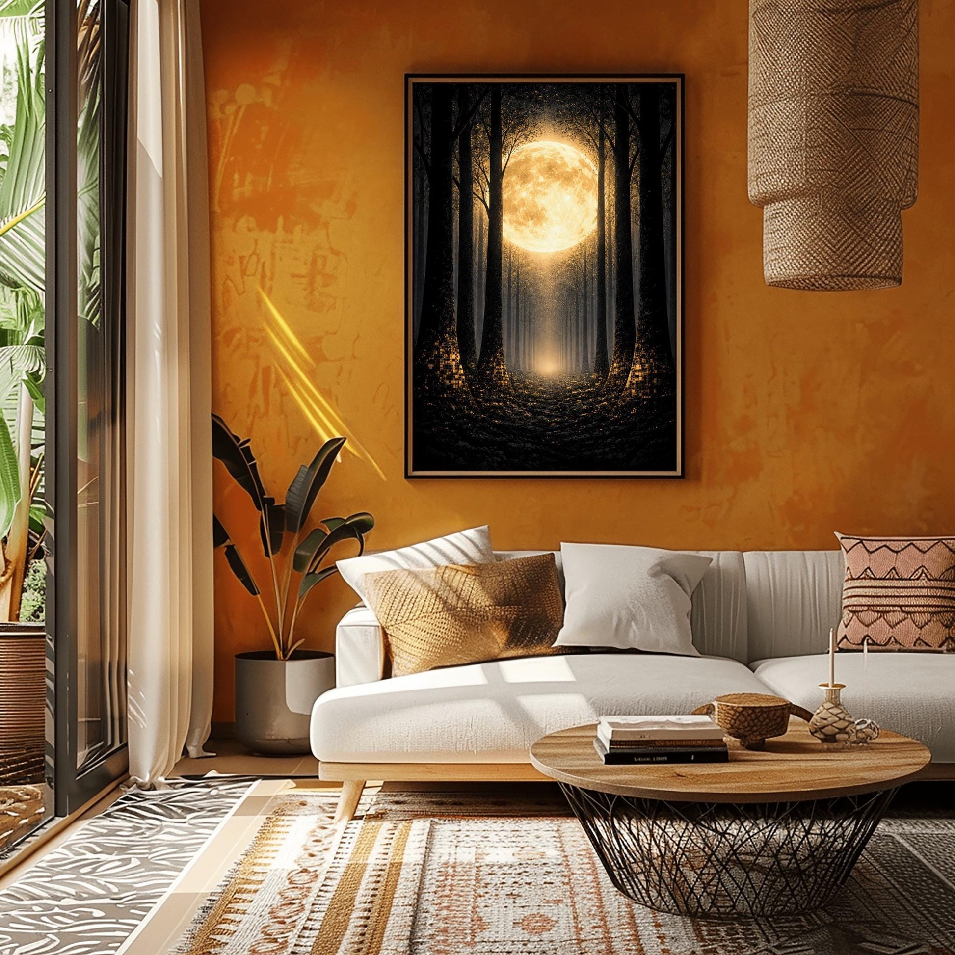 A vertical art print in the style of Gustav Klimt showing a dark forest at night. Tall, dark, silhouetted tree trunks frame a central path that leads toward a bright light in the distance. A massive, glowing golden moon with intricate textures dominates the upper center of the image. The base of the trees and the forest floor are sprinkled with shimmering gold mosaic patterns and light specks, contrasting sharply against the dark background.