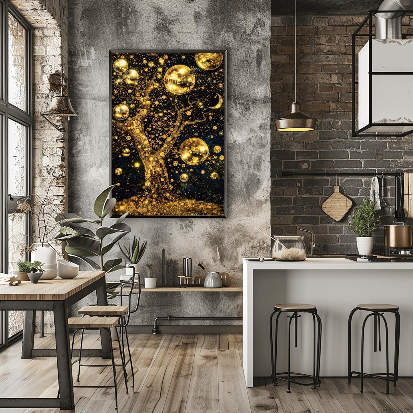 A vertical fine art print in the style of Gustav Klimt. A large, gnarled tree made of gold leaf stands against a dark navy sky filled with thousands of golden stardust dots. Large, glowing golden spheres hang from the branches like fruit. A patterned crescent moon is visible in the top right.