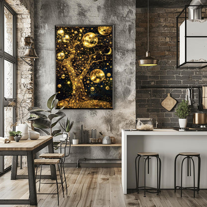 A vertical fine art print in the style of Gustav Klimt. A large, gnarled tree made of gold leaf stands against a dark navy sky filled with thousands of golden stardust dots. Large, glowing golden spheres hang from the branches like fruit. A patterned crescent moon is visible in the top right.