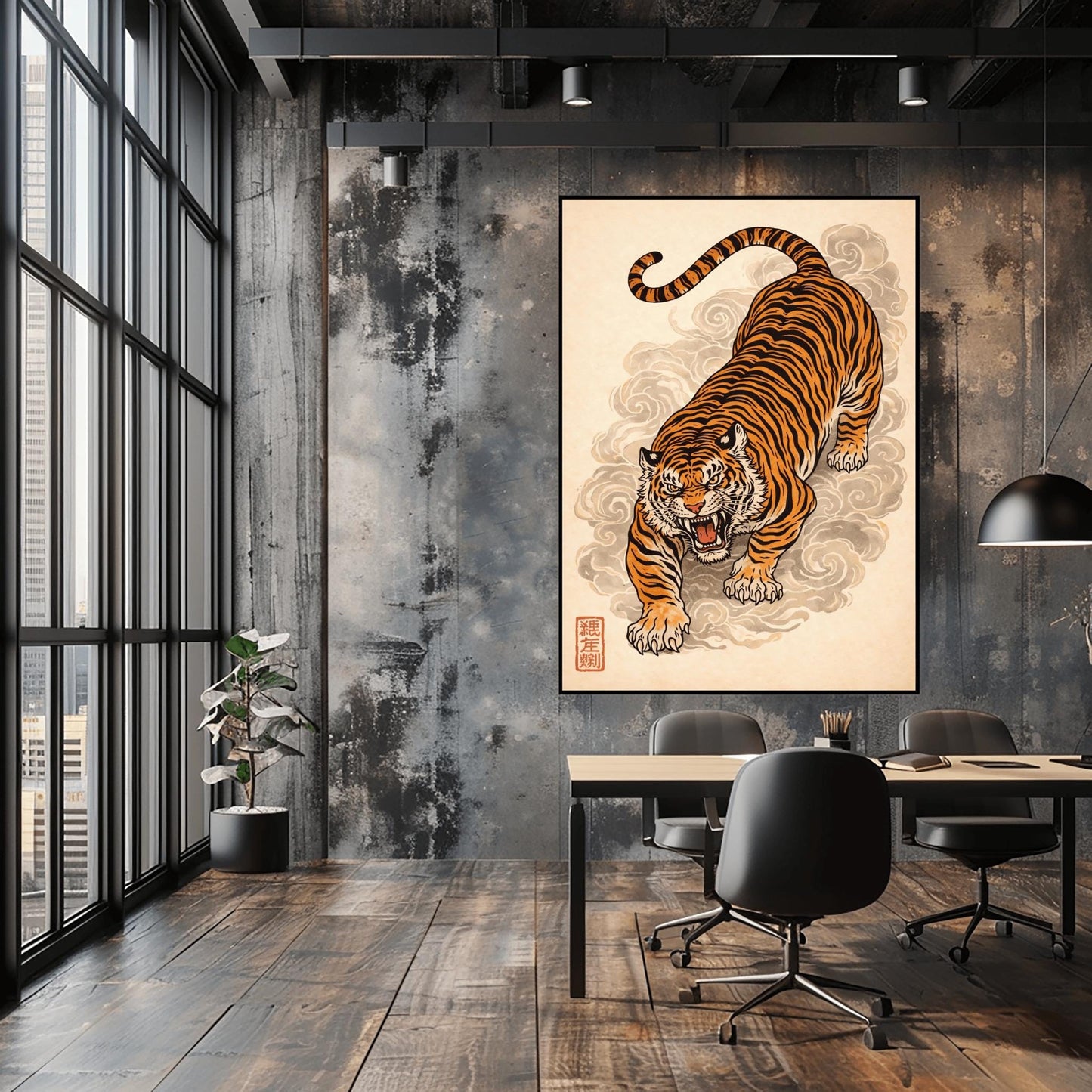 A vertical Japanese-style art print of an orange and black striped tiger prowling forward with an open mouth and fierce expression. The tiger is surrounded by stylized, swirling grey clouds of mist. The background is a textured light cream color, and a red square calligraphy seal is visible in the bottom left corner. The style is reminiscent of traditional ukiyo-e woodblock prints.