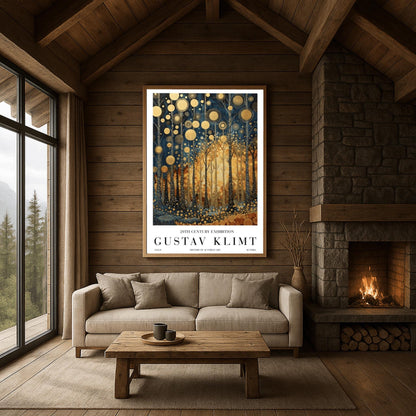 A vertical exhibition-style poster for a Gustav Klimt exhibit. The artwork features tall, slender trees with black bark covered in intricate gold scrolls and geometric patterns. Large, textured golden orbs float in the upper canopy. A warm, glowing light radiates from the center of the forest. The bottom margin features bold text reading "GUSTAV KLIMT" and "20TH CENTURY EXHIBITION."