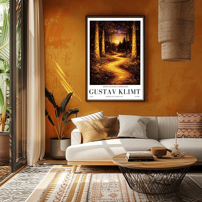 A vertical exhibition poster for Gustav Klimt. A glowing golden path winds through a dark, moody forest at night. Ornate trees with golden mosaic patterns frame the scene. Below the art, bold black text reads "GUSTAV KLIMT" and "20th Century Exhibition."