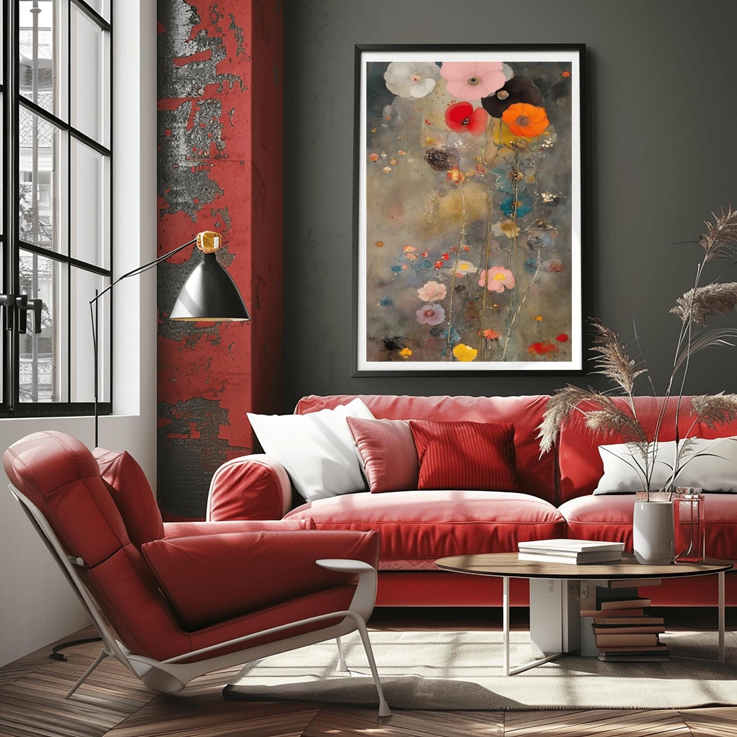 A vertical oil painting in the style of Gustav Klimt with an ethereal, muted twist. A cluster of large, soft-petaled poppies in coral, pink, and white rise from the bottom against a moody, textured grey and gold background. The painting features subtle splatters and impressionist brushwork, creating a dreamy, atmospheric garden scene.