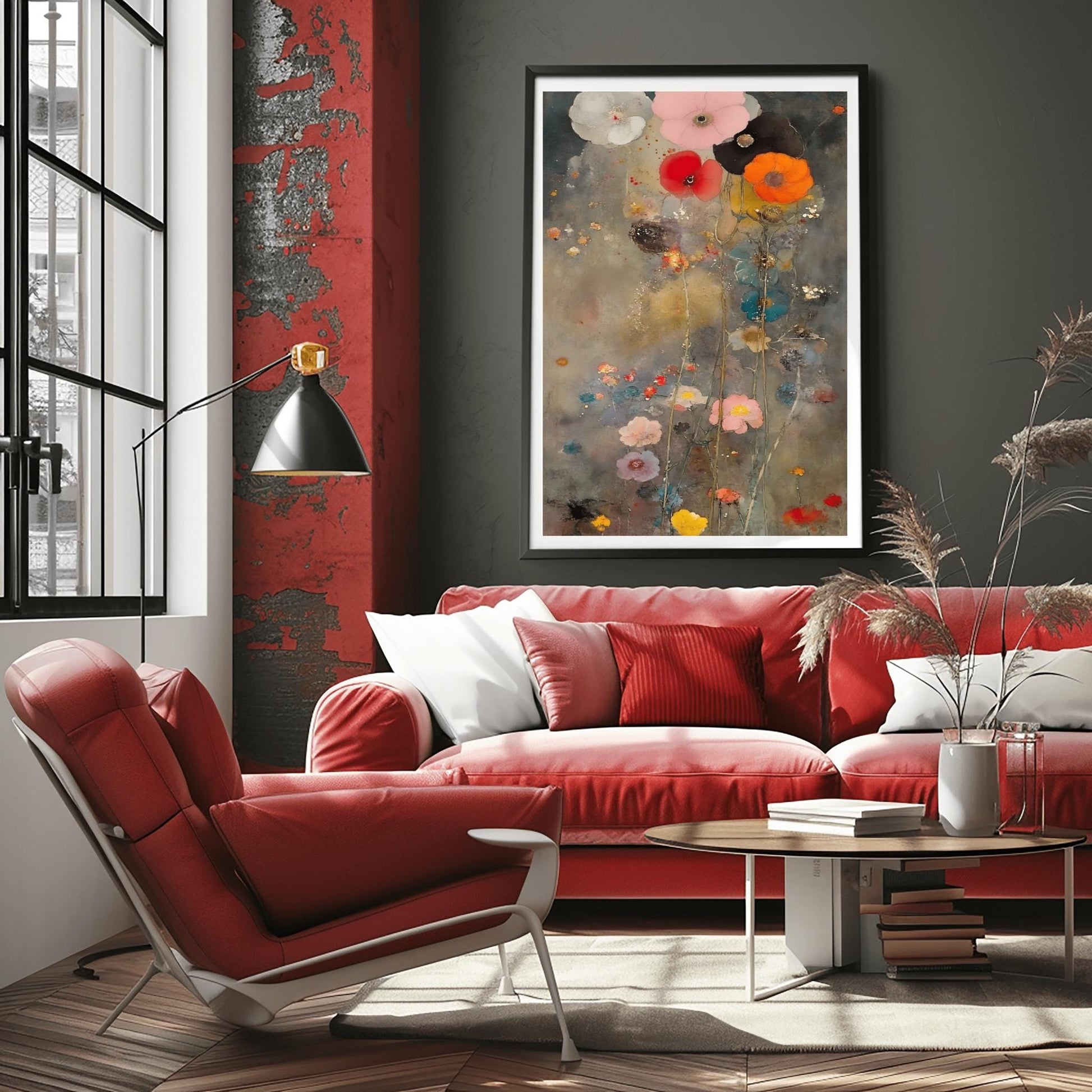 A vertical oil painting in the style of Gustav Klimt with an ethereal, muted twist. A cluster of large, soft-petaled poppies in coral, pink, and white rise from the bottom against a moody, textured grey and gold background. The painting features subtle splatters and impressionist brushwork, creating a dreamy, atmospheric garden scene.