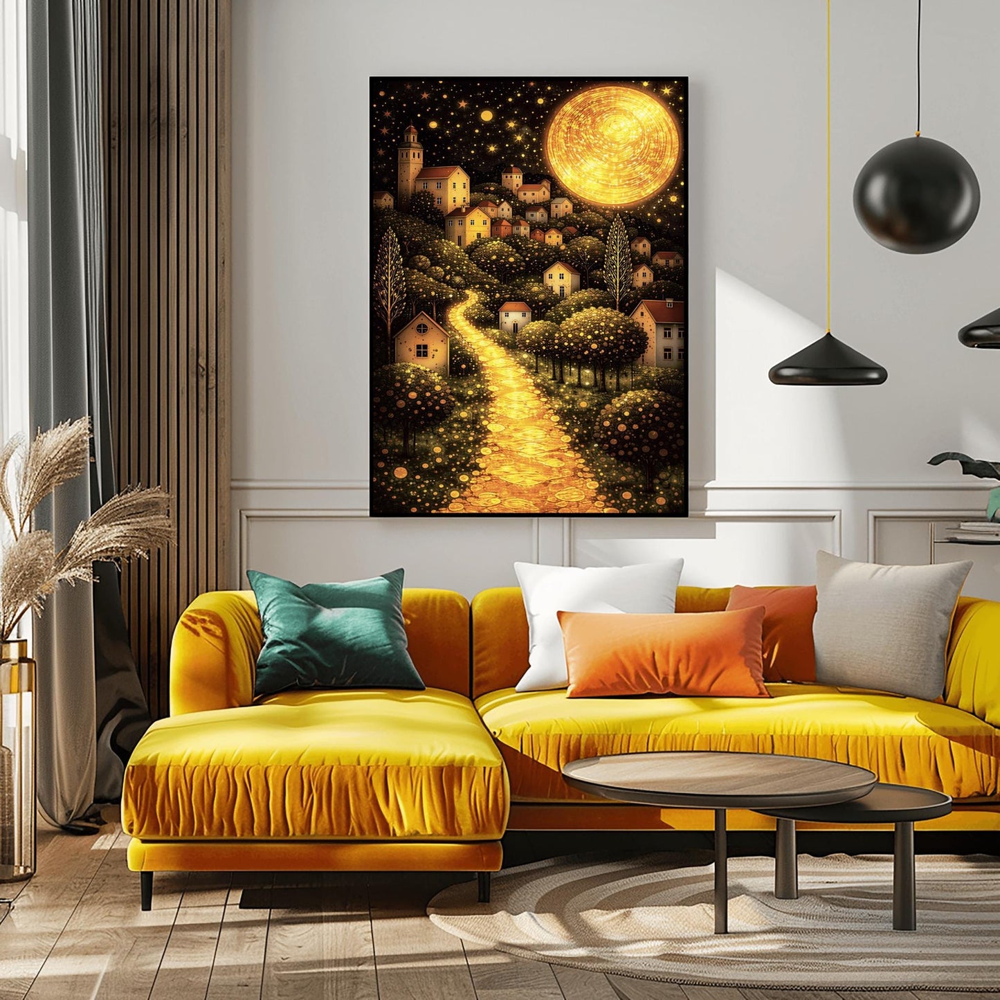 A vertical fine art landscape in the style of Gustav Klimt. A huge, textured golden moon shines in a starry night sky. A glowing golden path winds up a hillside past trees filled with shimmering golden dots toward a village of small houses with lit windows.