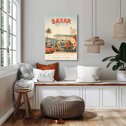 A mid-century style illustration poster titled "BABAR DINER SOCIAL - Riviera Drive-In" at the top. The scene shows an open-air retro diner bar right on the coast of the French Riviera, with a turquoise sea and white sailboats in the background. King Babar, a cartoon elephant in a green suit, bowtie, and top hat, cooks burgers on a grill behind the counter. Stylishly dressed patrons from the 1950s sit on red-topped stools, and a classic pink convertible sports car is parked on the left